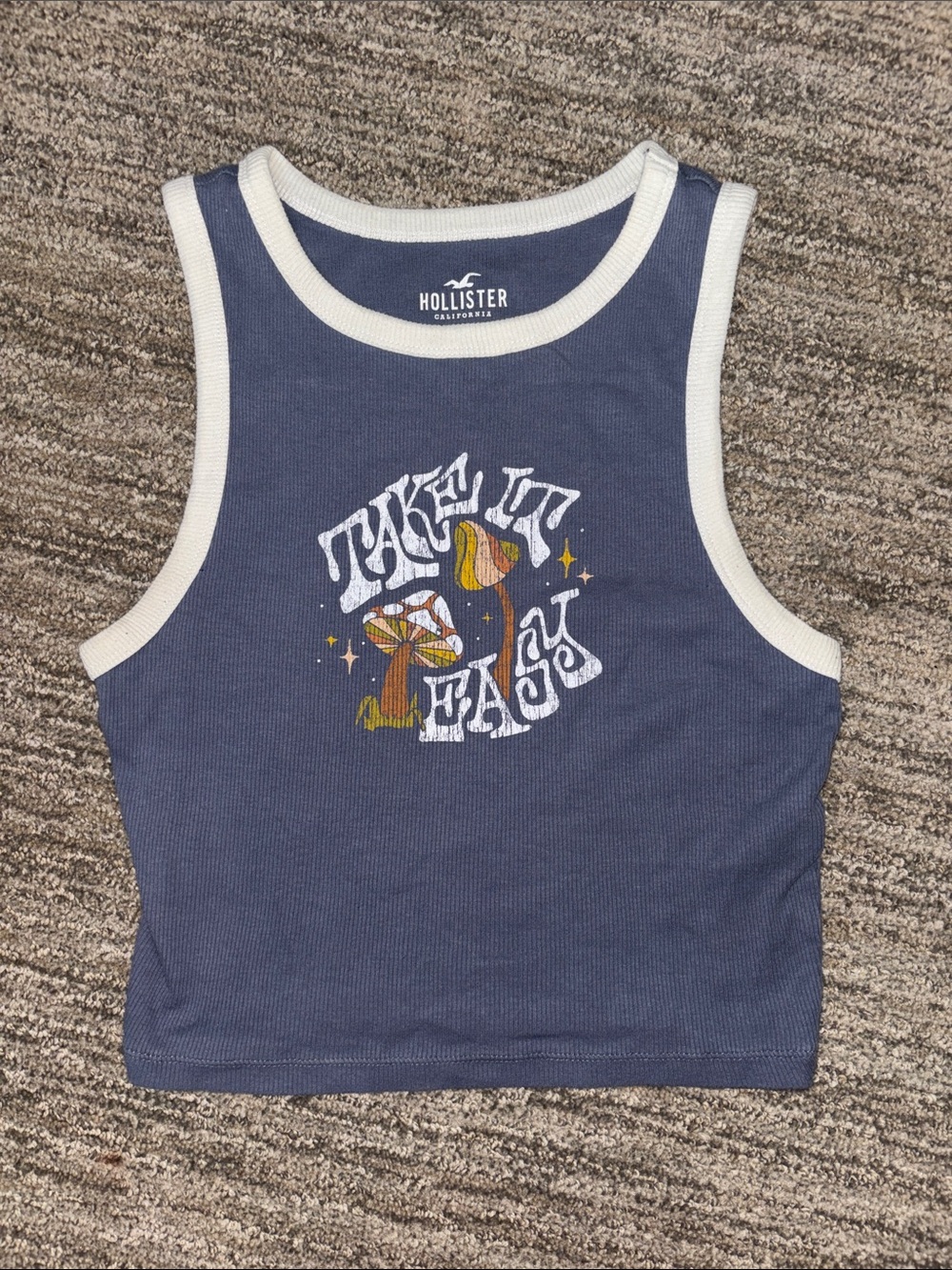 Hollister Navy Graphic 'Take It Easy' Tank with White Trim